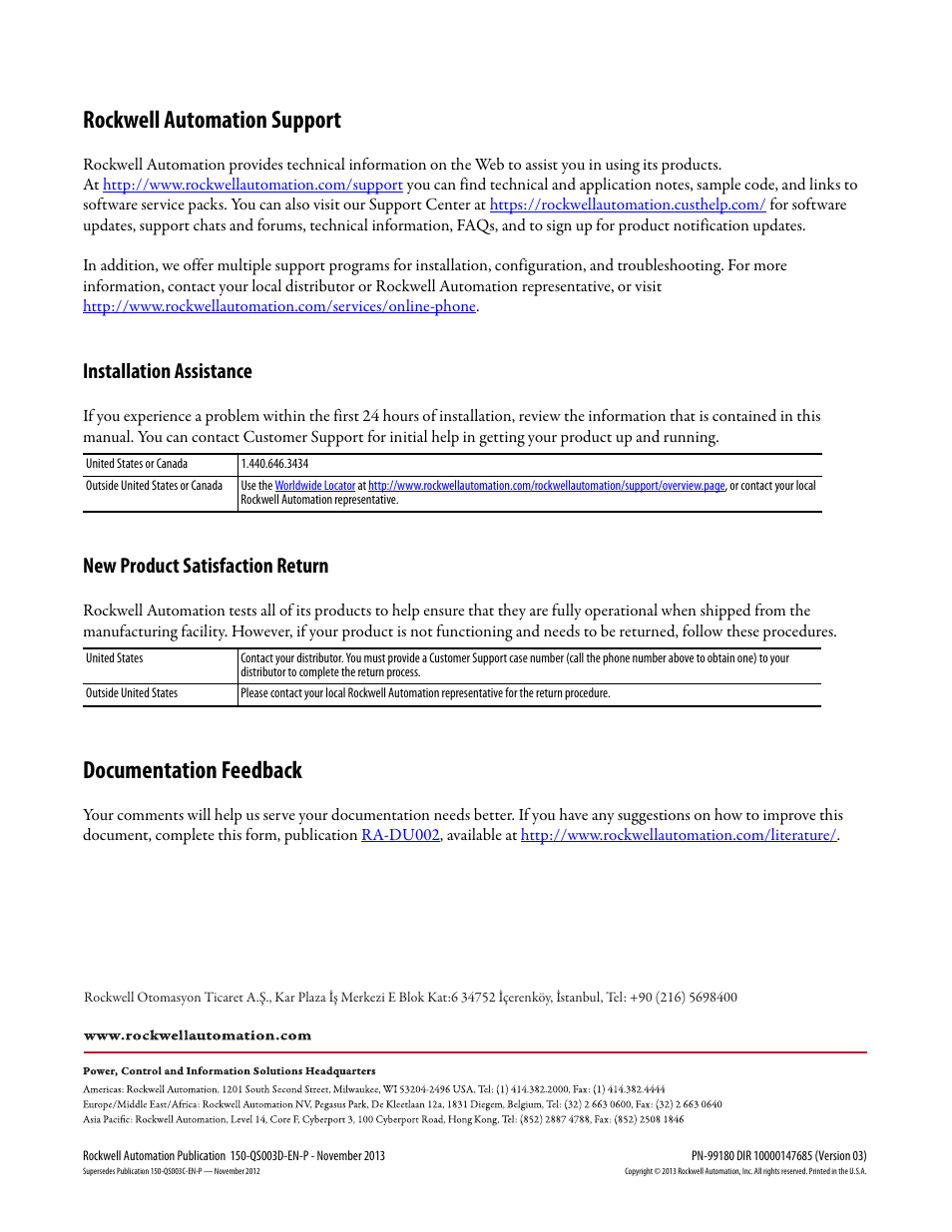 Back cover, Rockwell automation support, Documentation feedback | Installation assistance, New product satisfaction return | Rockwell Automation 150 SMC Quick Start Manual User Manual | Page 60 / 60
