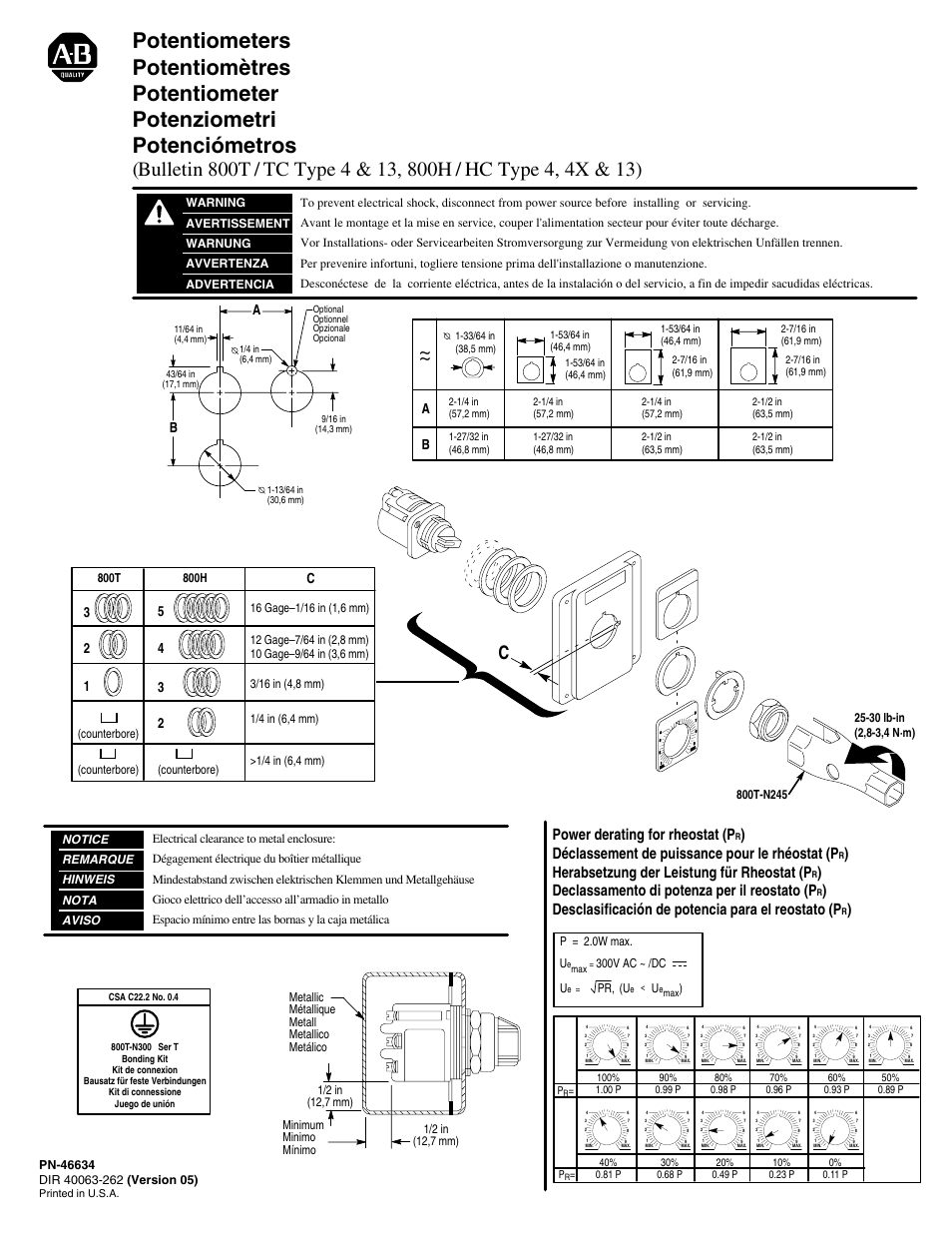 Rockwell Automation 800T/TC_H/HC Potentiometers User Manual | 2 pages