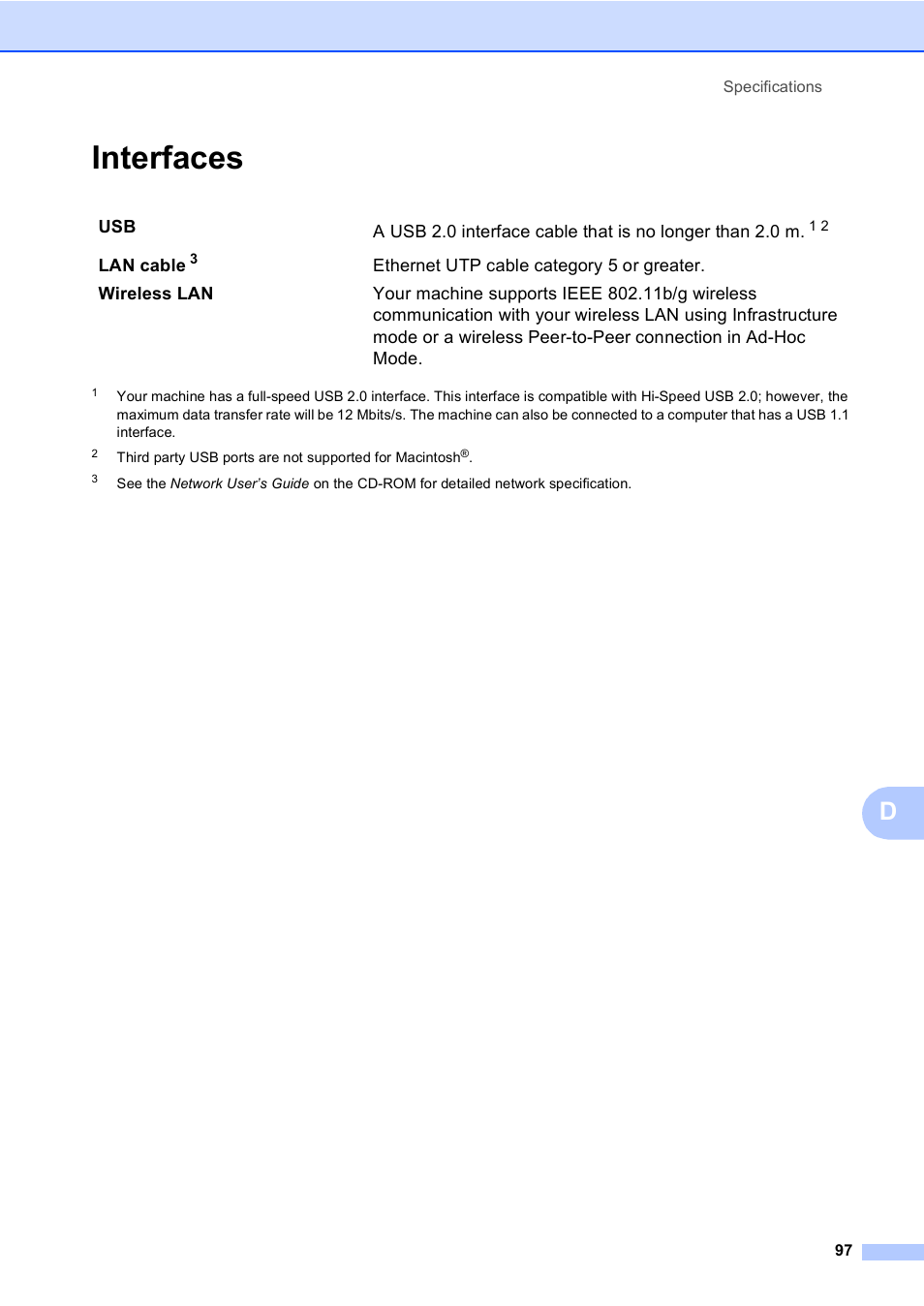 Interfaces | Brother DCP-770CW User Manual | Page 105 / 113