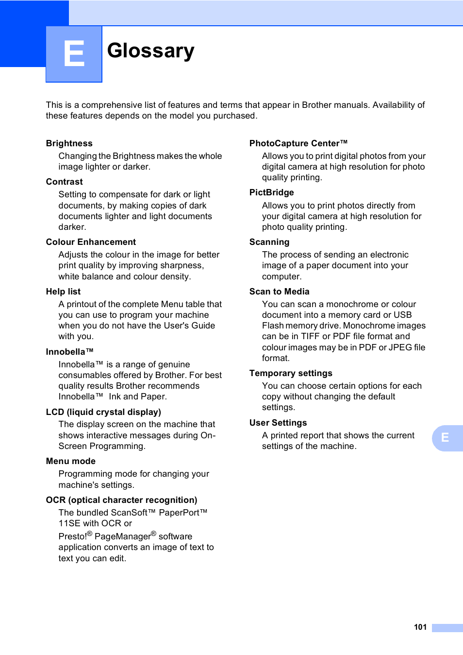 E glossary, Glossary | Brother DCP-770CW User Manual | Page 109 / 113