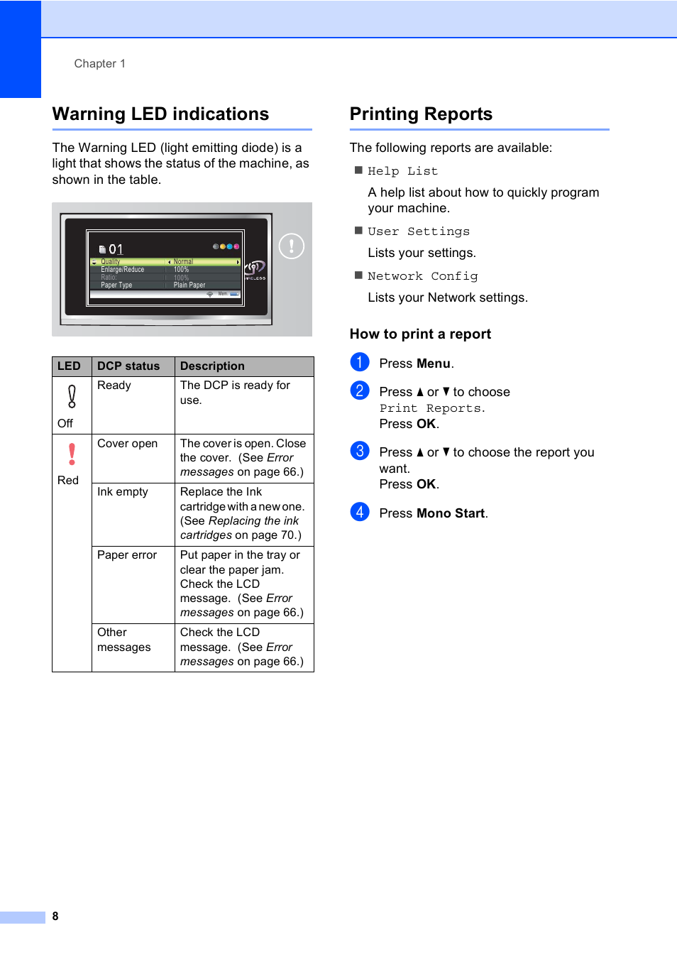 Warning led indications, Printing reports, How to print a report | Warning led indications printing reports | Brother DCP-770CW User Manual | Page 16 / 113