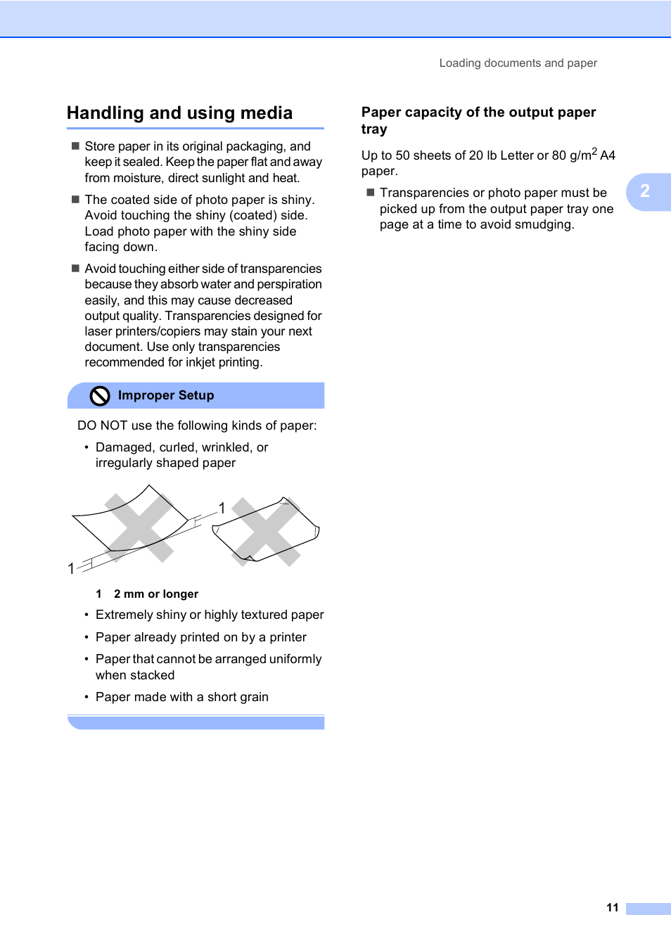Handling and using media, Paper capacity of the output paper tray, 2handling and using media | Brother DCP-770CW User Manual | Page 19 / 113