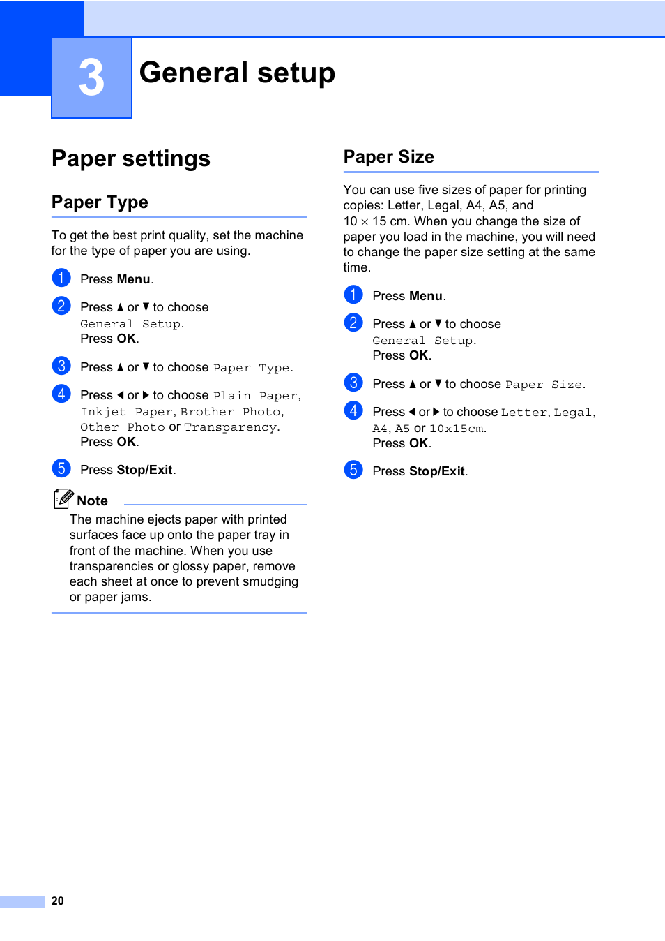 3 general setup, Paper settings, Paper type | Paper size, General setup, Paper type paper size | Brother DCP-770CW User Manual | Page 28 / 113