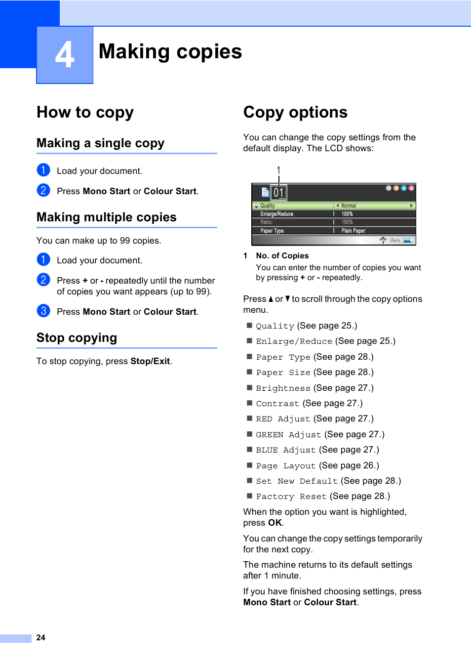 4 making copies, How to copy, Making a single copy | Making multiple copies, Stop copying, Copy options, Making copies | Brother DCP-770CW User Manual | Page 32 / 113
