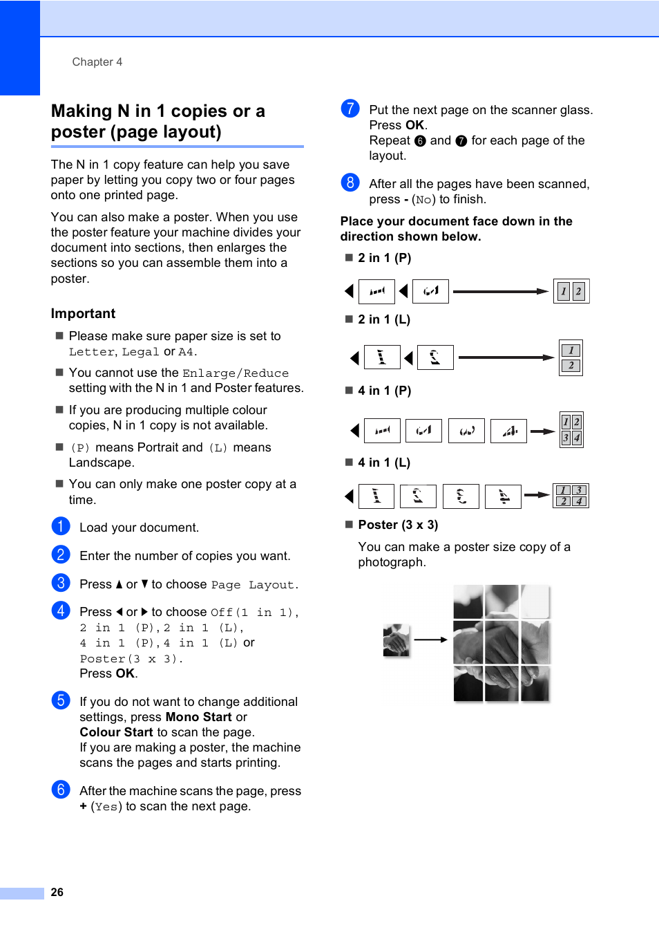 Important, Making n in 1 copies or a poster (page layout) | Brother DCP-770CW User Manual | Page 34 / 113