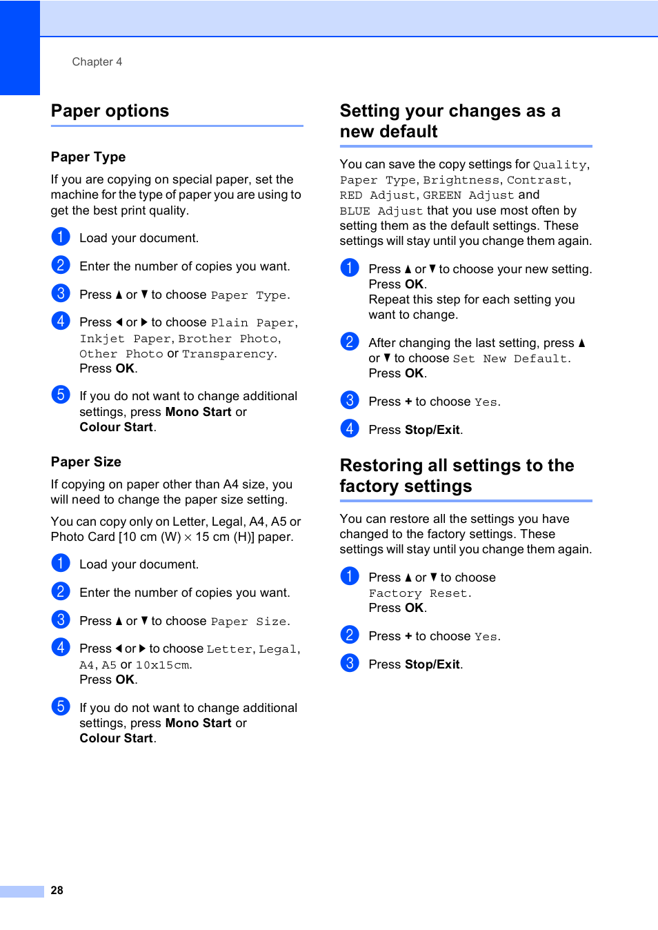 Paper options, Paper type, Paper size | Setting your changes as a new default, Restoring all settings to the factory settings | Brother DCP-770CW User Manual | Page 36 / 113