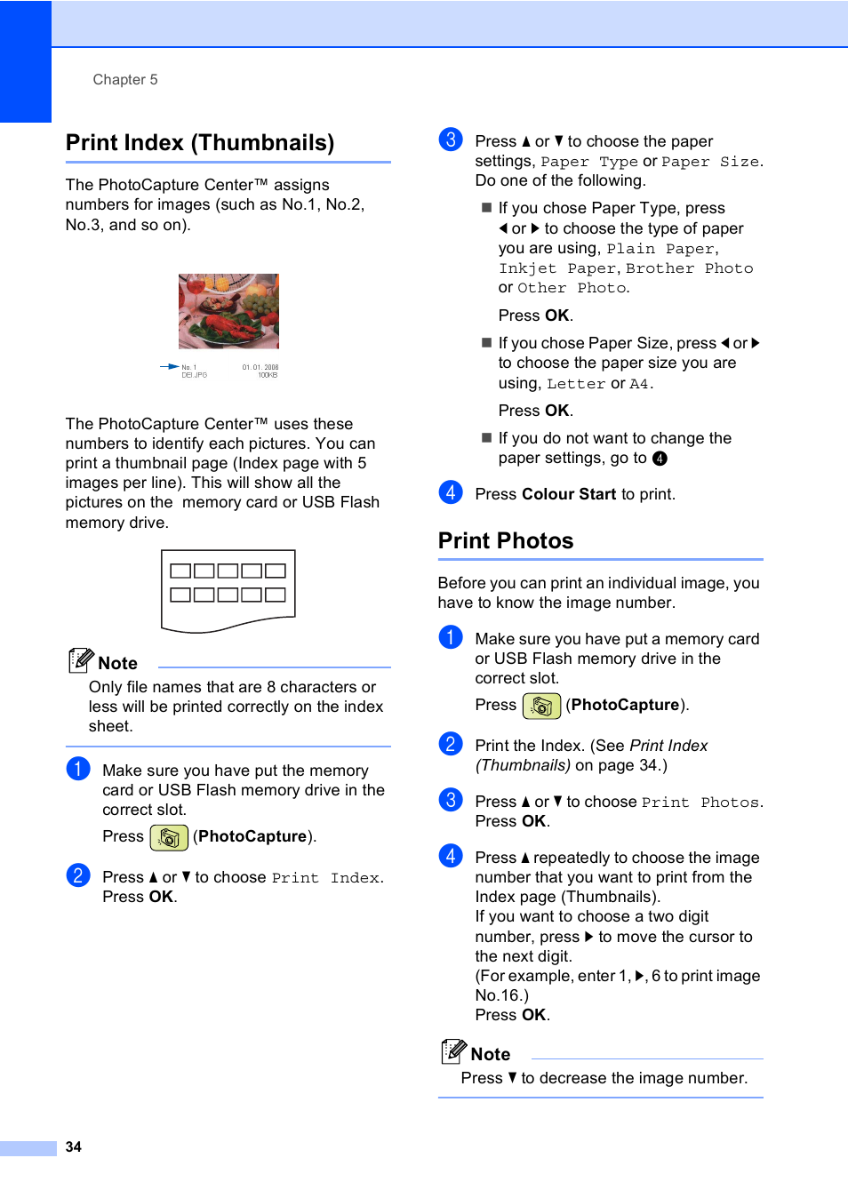 Print index (thumbnails), Print photos, Print index (thumbnails) print photos | Brother DCP-770CW User Manual | Page 42 / 113