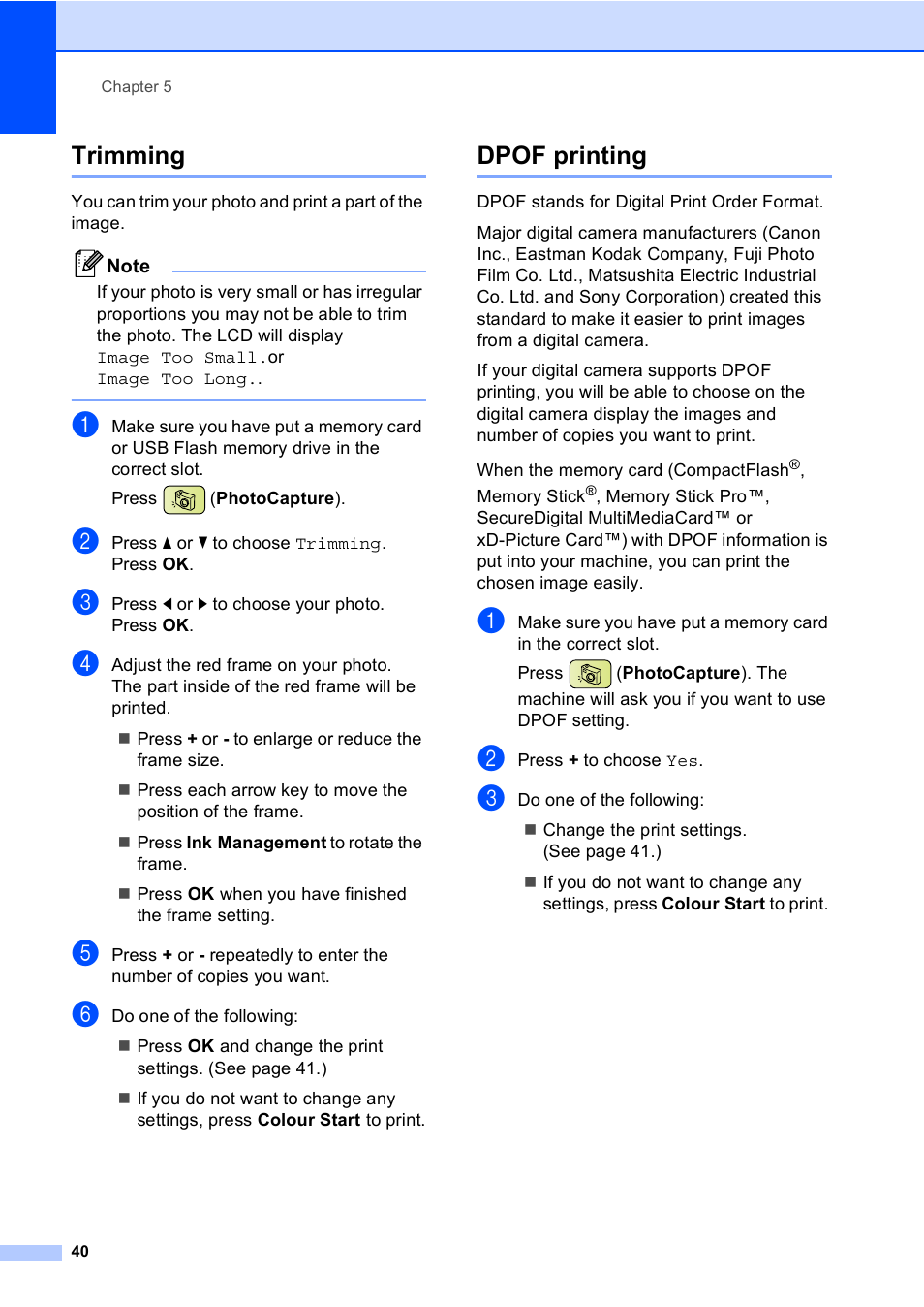 Trimming, Dpof printing, Trimming dpof printing | Brother DCP-770CW User Manual | Page 48 / 113