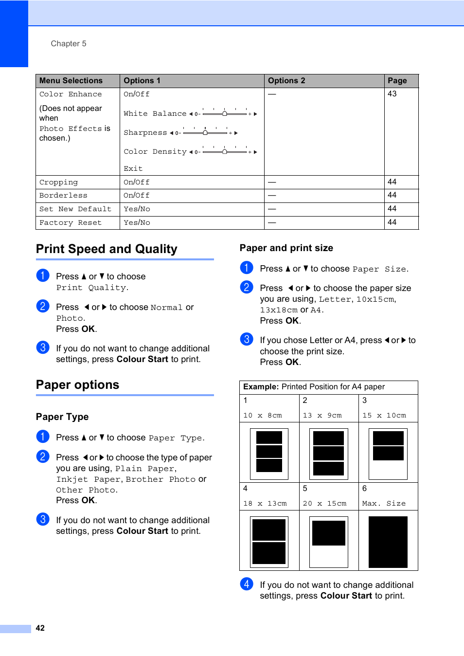 Print speed and quality, Paper options, Paper type | Paper and print size, Print speed and quality paper options | Brother DCP-770CW User Manual | Page 50 / 113