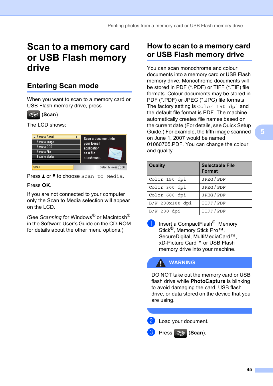 Scan to a memory card or usb flash memory drive, Entering scan mode | Brother DCP-770CW User Manual | Page 53 / 113