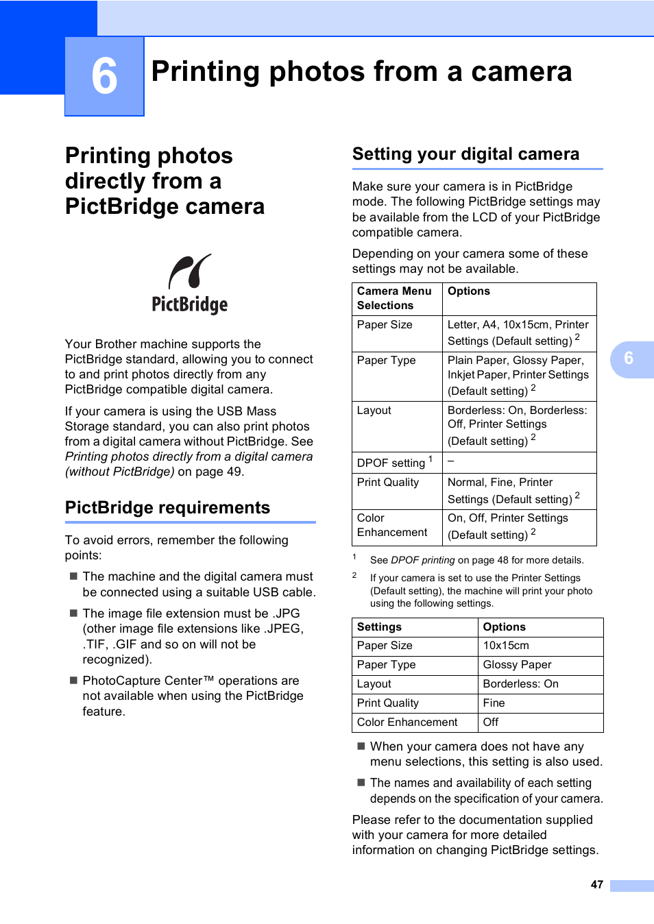 6 printing photos from a camera, Printing photos directly from a pictbridge camera, Pictbridge requirements | Setting your digital camera, Printing photos from a camera | Brother DCP-770CW User Manual | Page 55 / 113