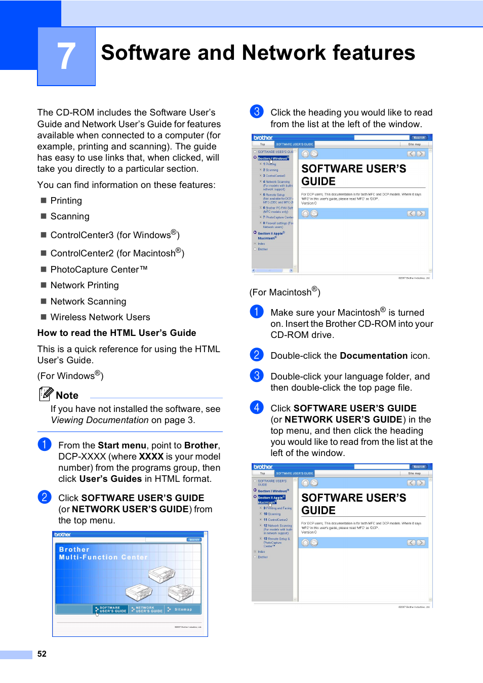 7 software and network features, Software and network features | Brother DCP-770CW User Manual | Page 60 / 113