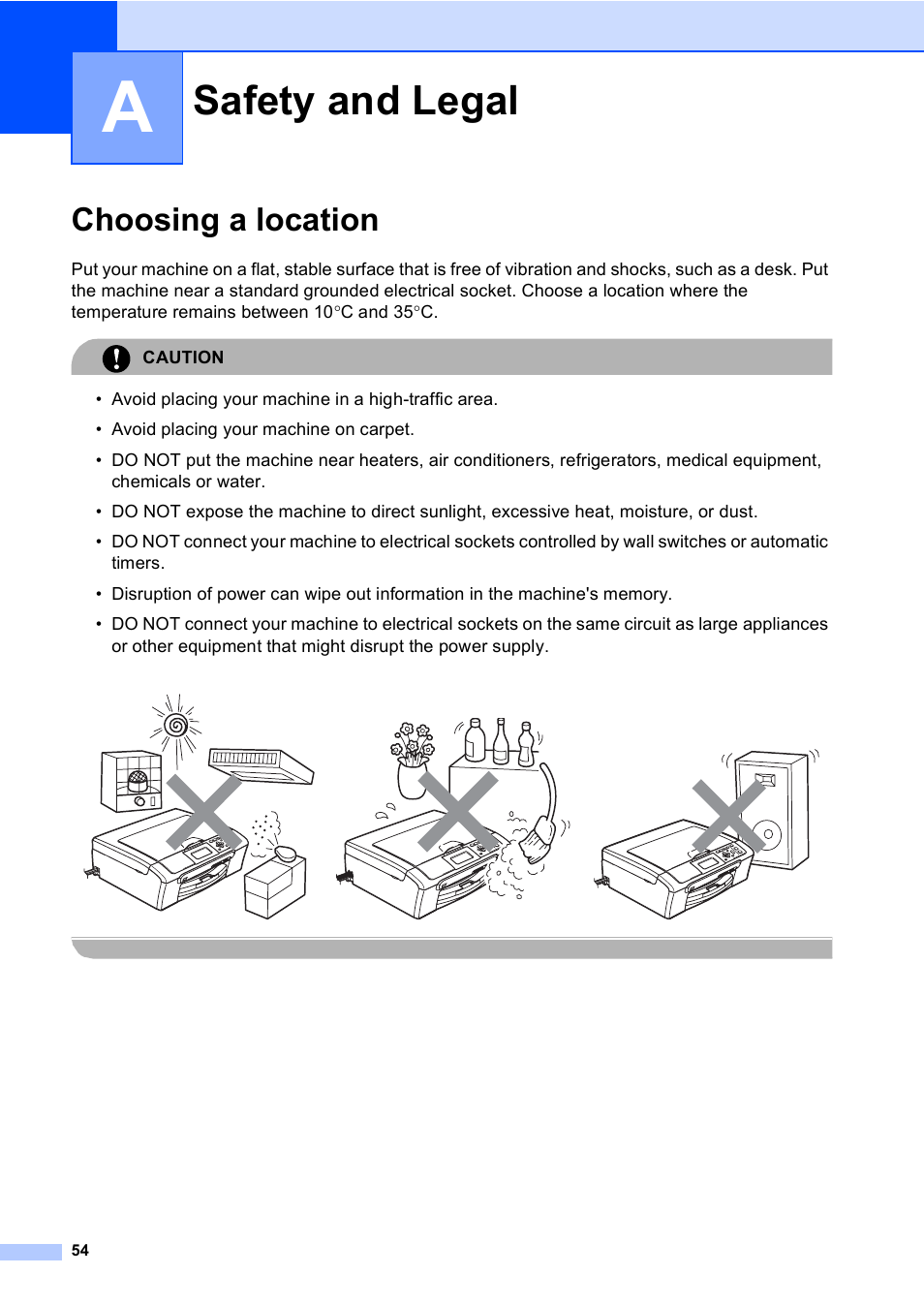 A safety and legal, Choosing a location, Safety and legal | Brother DCP-770CW User Manual | Page 62 / 113