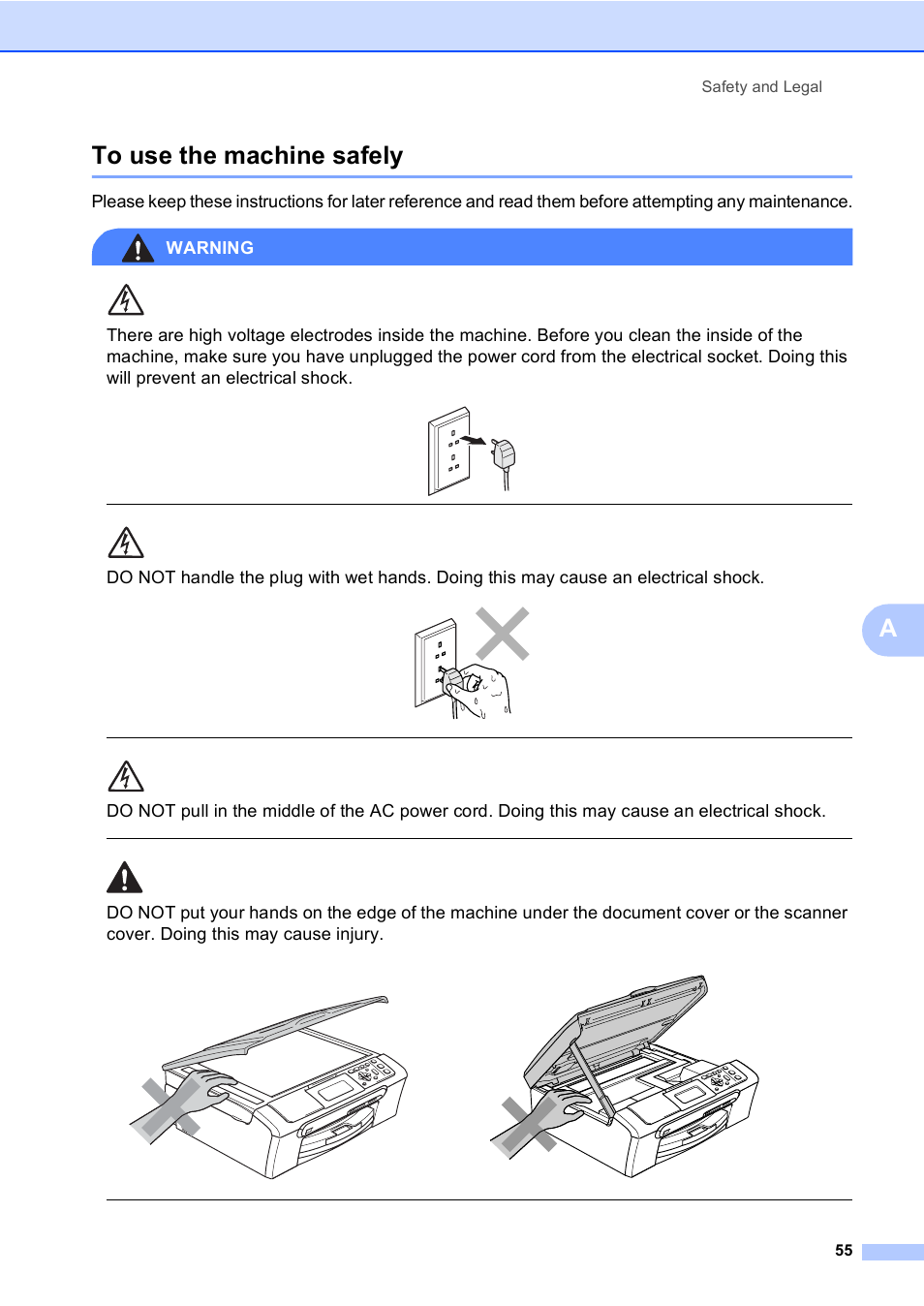 To use the machine safely, Ato use the machine safely, Safety and legal 55 | Brother DCP-770CW User Manual | Page 63 / 113