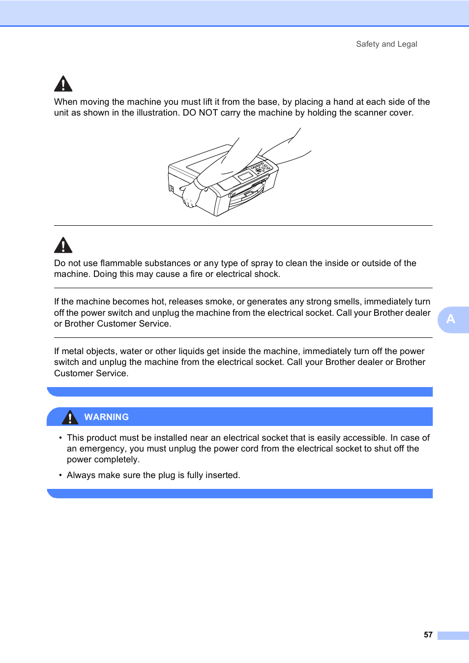 Warning, Safety and legal 57 | Brother DCP-770CW User Manual | Page 65 / 113