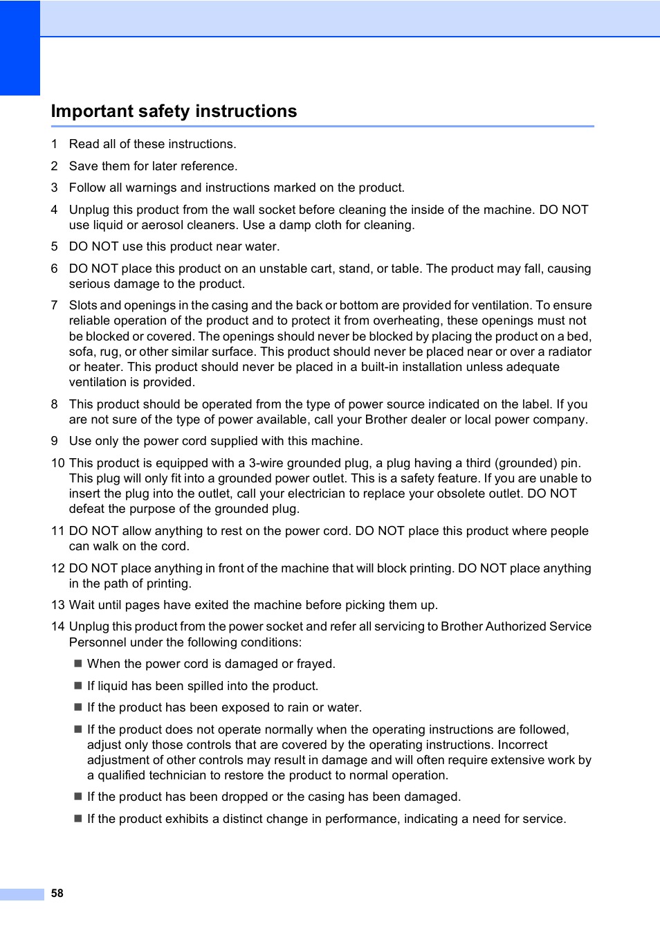 Important safety instructions | Brother DCP-770CW User Manual | Page 66 / 113