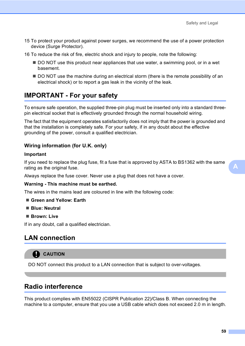 Important - for your safety, Lan connection, Radio interference | Brother DCP-770CW User Manual | Page 67 / 113