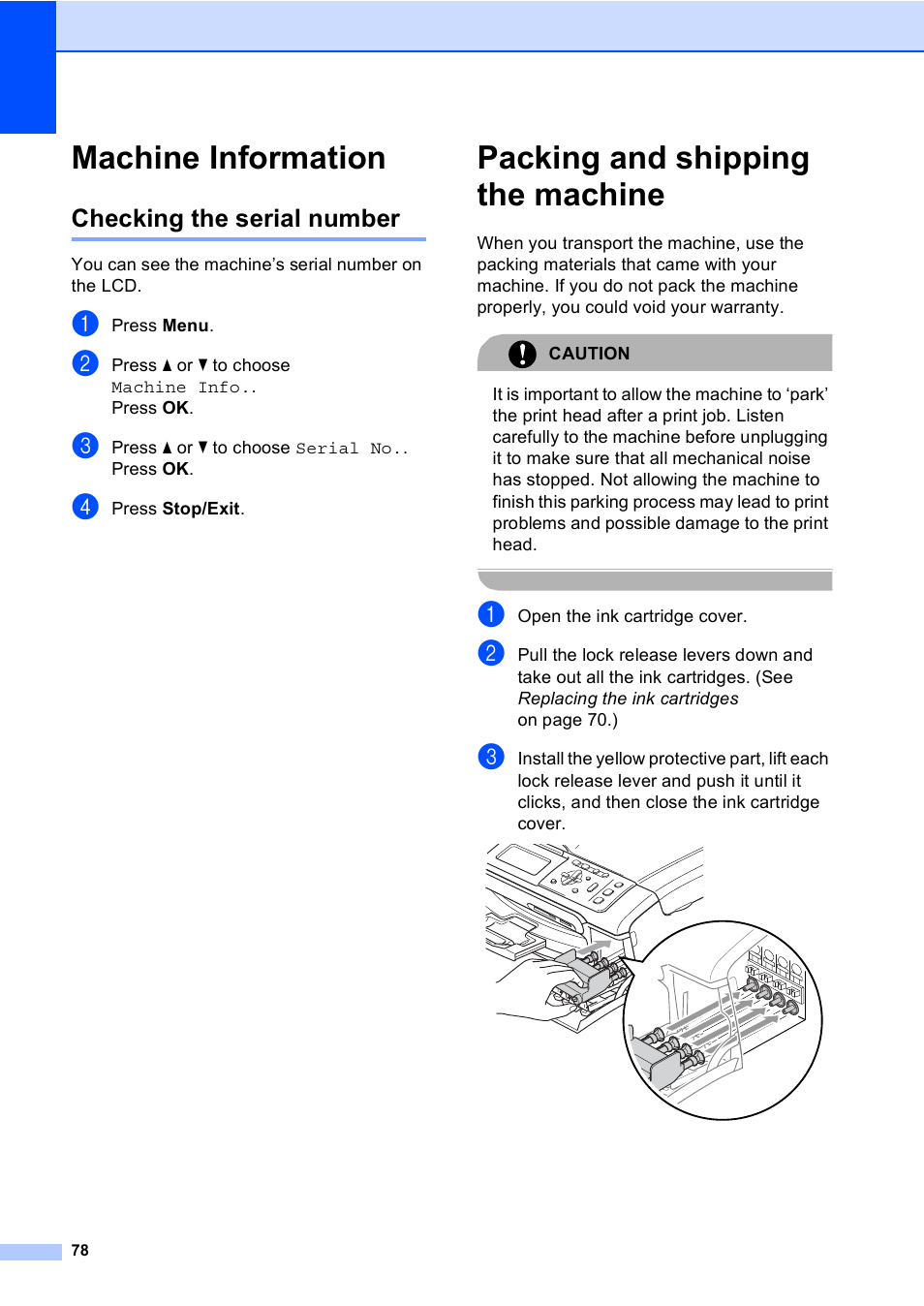 Machine information, Checking the serial number, Packing and shipping the machine | Brother DCP-770CW User Manual | Page 86 / 113