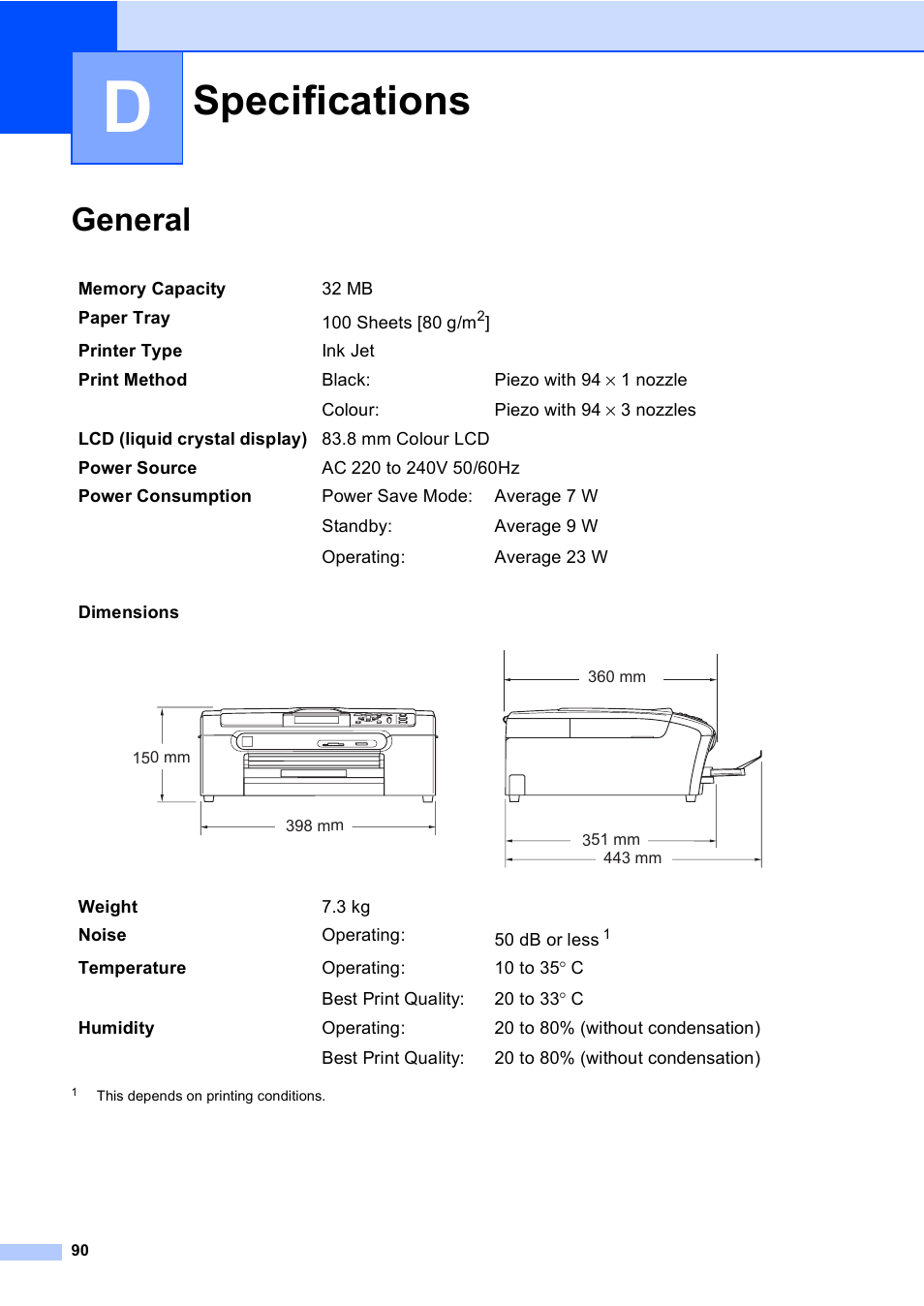 D specifications, General, Specifications | Brother DCP-770CW User Manual | Page 98 / 113