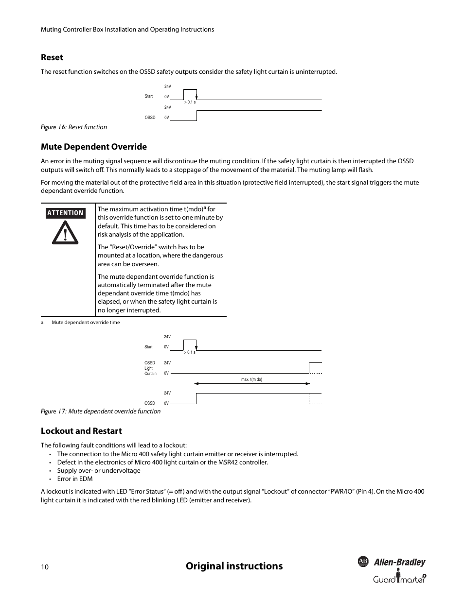 Original instructions, Reset, Mute dependent override | Lockout and restart | Rockwell Automation 445L Installation and Operating Instructions User Manual | Page 10 / 28