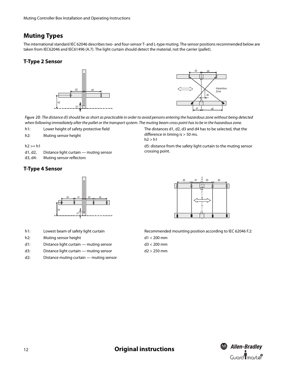 Original instructions muting types, T-type 2 sensor t-type 4 sensor | Rockwell Automation 445L Installation and Operating Instructions User Manual | Page 12 / 28