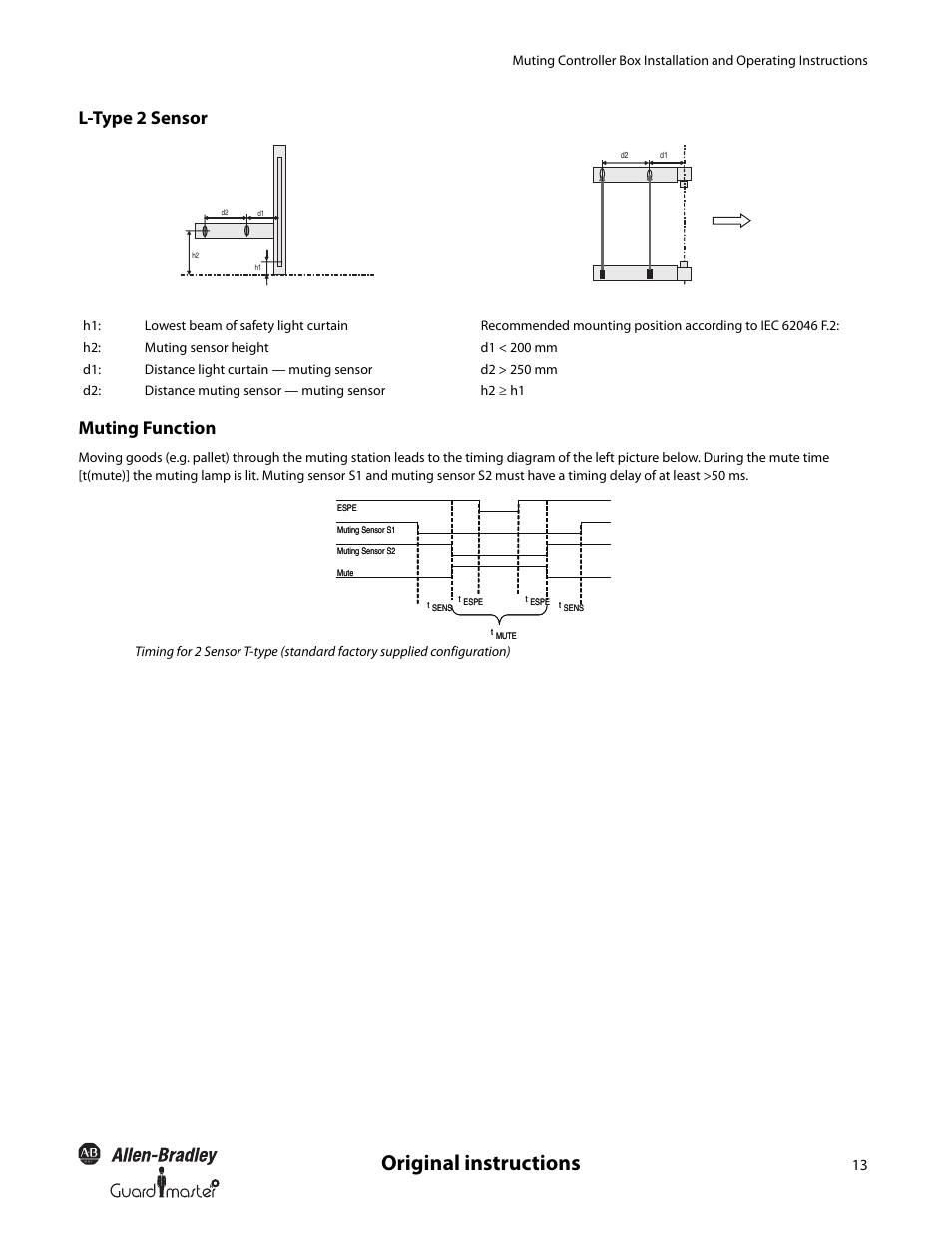 Original instructions, L-type 2 sensor muting function | Rockwell Automation 445L Installation and Operating Instructions User Manual | Page 13 / 28