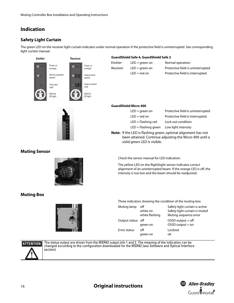 Original instructions indication, Safety light curtain, Muting sensor muting box | Rockwell Automation 445L Installation and Operating Instructions User Manual | Page 16 / 28