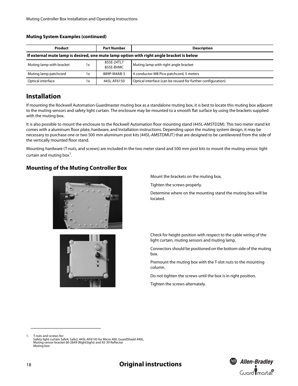 Original instructions, Installation, Mounting of the muting controller box | Rockwell Automation 445L Installation and Operating Instructions User Manual | Page 18 / 28