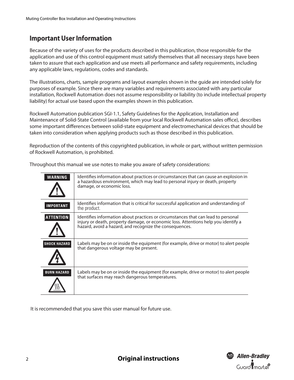 Important user information, Original instructions | Rockwell Automation 445L Installation and Operating Instructions User Manual | Page 2 / 28