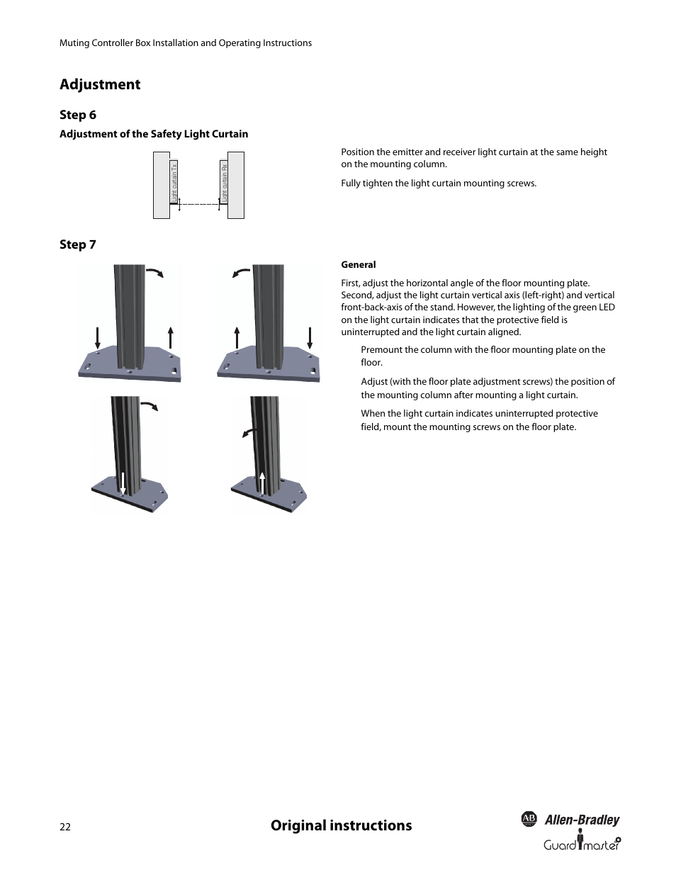 Original instructions adjustment, Step 6, Step 7 | Rockwell Automation 445L Installation and Operating Instructions User Manual | Page 22 / 28