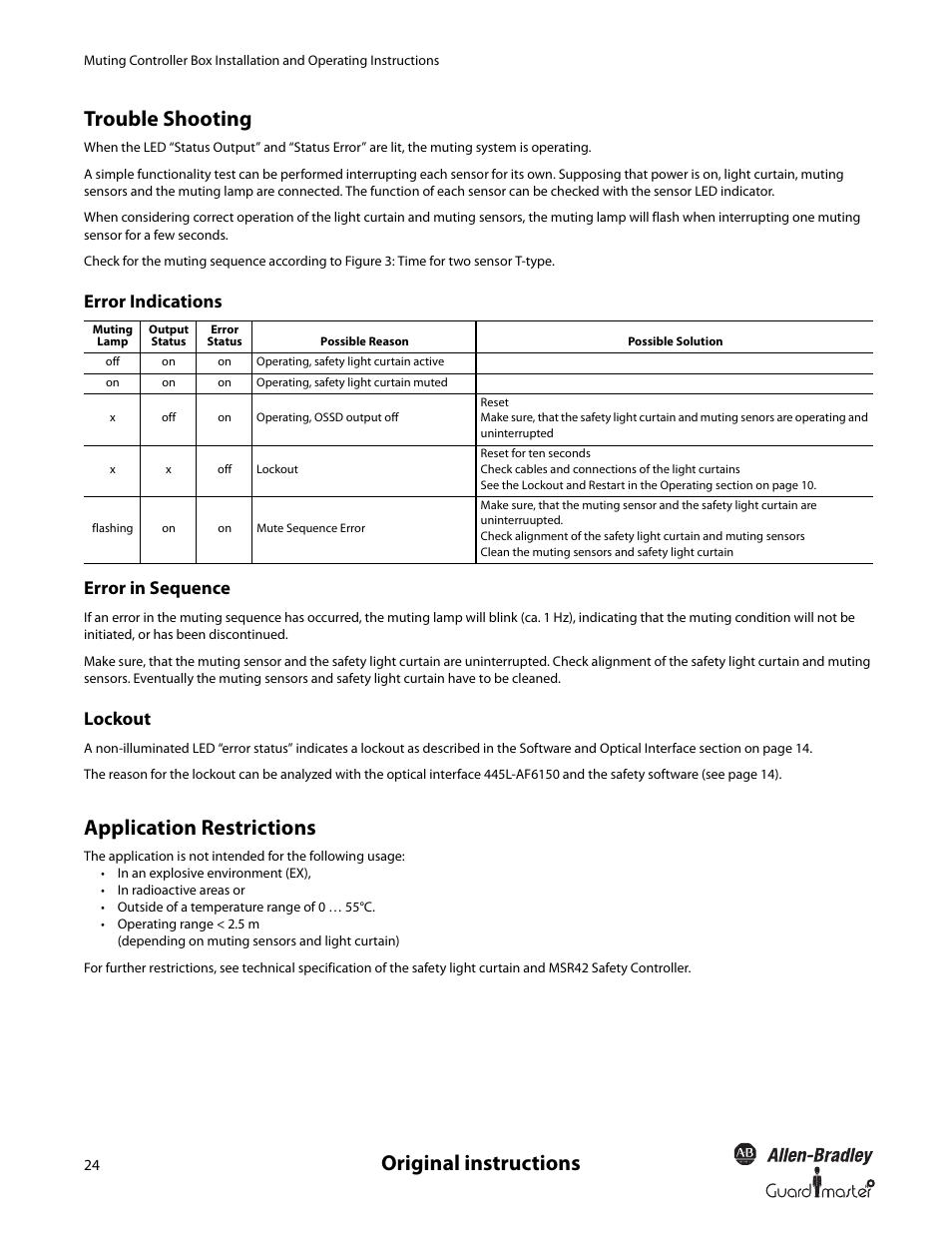 Original instructions trouble shooting, Application restrictions, Error indications error in sequence | Lockout | Rockwell Automation 445L Installation and Operating Instructions User Manual | Page 24 / 28