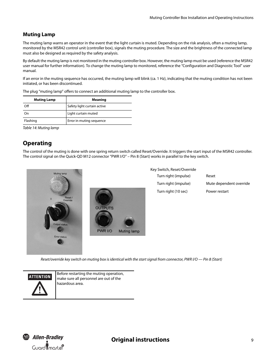 Original instructions, Operating, Muting lamp | Rockwell Automation 445L Installation and Operating Instructions User Manual | Page 9 / 28