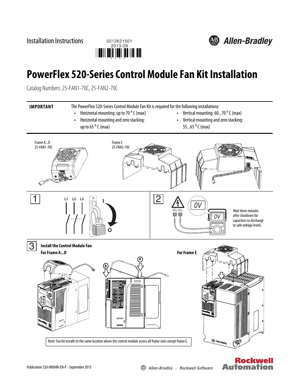 Rockwell Automation 25B PowerFlex 520-Series Control Module Fan Kit User Manual | 2 pages