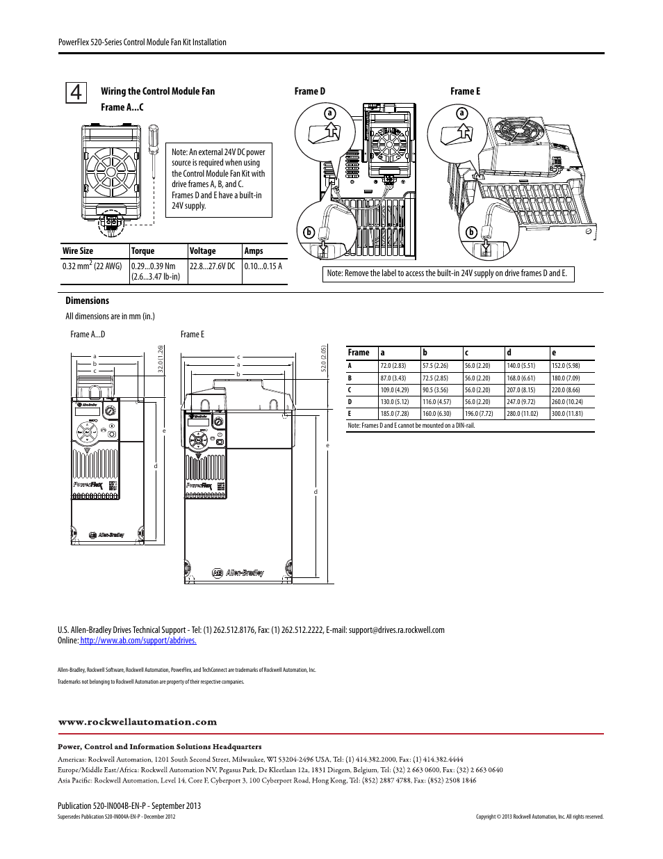 Dimensions, Frame e, Frame a...c wiring the control module fan | Frame d | Rockwell Automation 25B PowerFlex 520-Series Control Module Fan Kit User Manual | Page 2 / 2