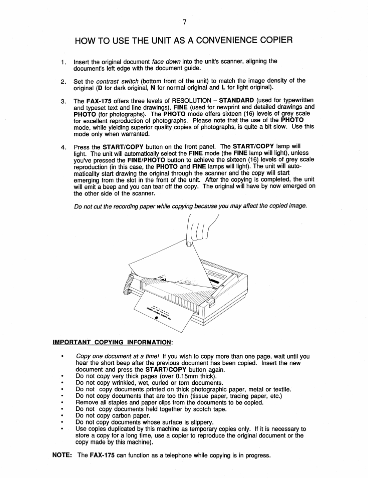 How to use the unit as a convenience copier, Important copying information | Brother FAX-175 User Manual | Page 13 / 42