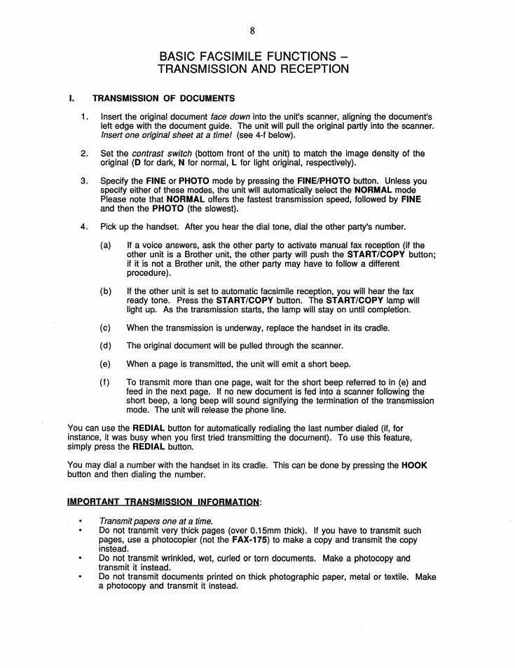 I. transmission of documents, Important transmission information | Brother FAX-175 User Manual | Page 14 / 42