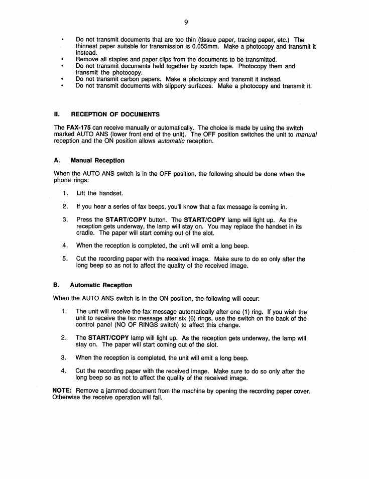 Ii. reception of documents, A. manual reception, B. automatic reception | Brother FAX-175 User Manual | Page 15 / 42