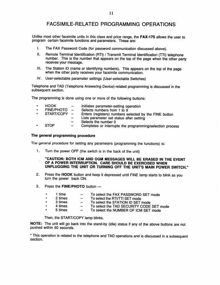 Facsimile-related programming operations, The general programming procedure | Brother FAX-175 User Manual | Page 17 / 42