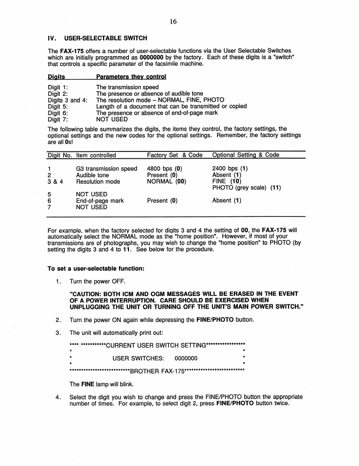 Iv. user-selectable switch, Parameters they control | Brother FAX-175 User Manual | Page 22 / 42