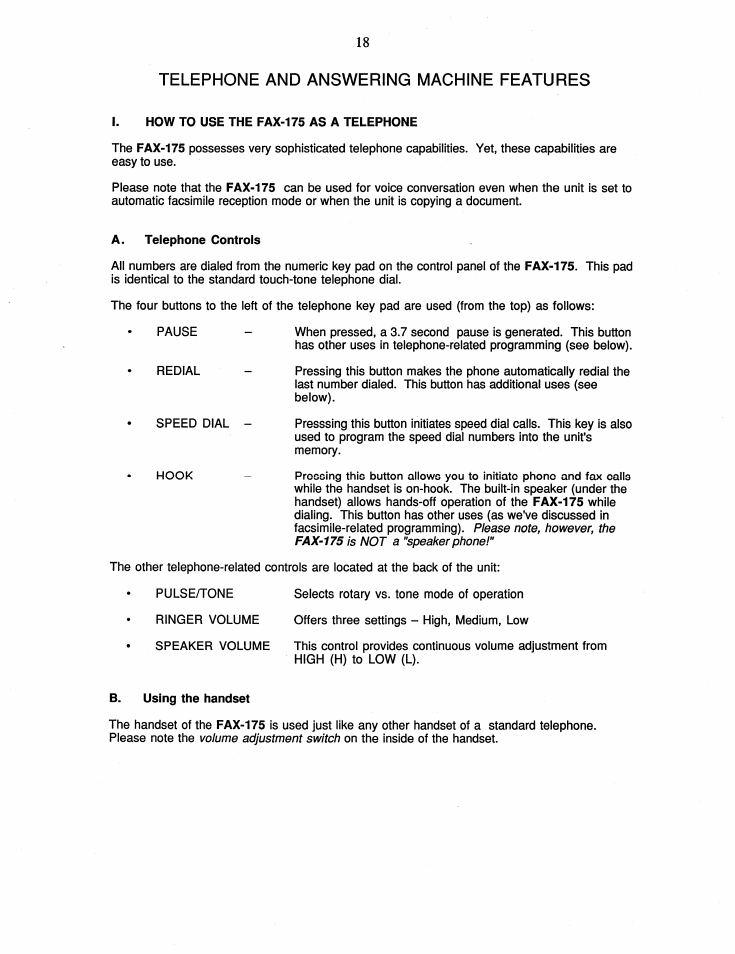 Telephone and answering machine features, I. how to use the fax-175 as a telephone, A. telephone controls | B. using the handset | Brother FAX-175 User Manual | Page 24 / 42