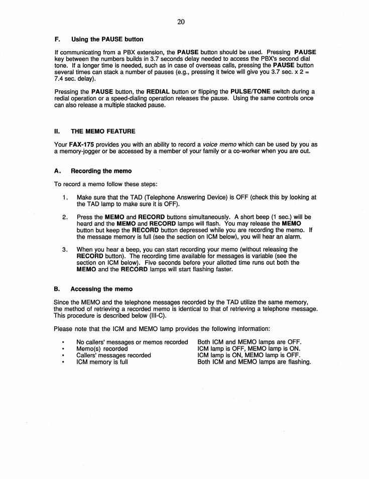 Using the pause button, Ii. the memo feature, A. recording the memo | B. accessing the memo | Brother FAX-175 User Manual | Page 26 / 42