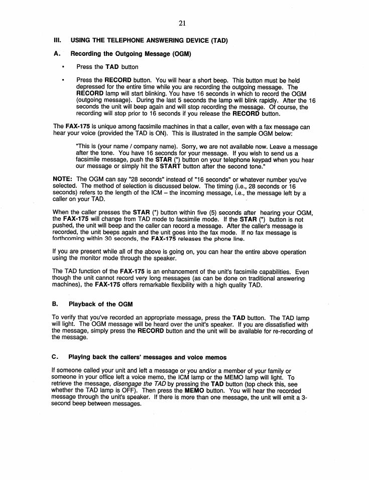 Iii. using the telephone answering device (tad), A. recording the outgoing message (ogm), B. playback of the ogm | Brother FAX-175 User Manual | Page 27 / 42