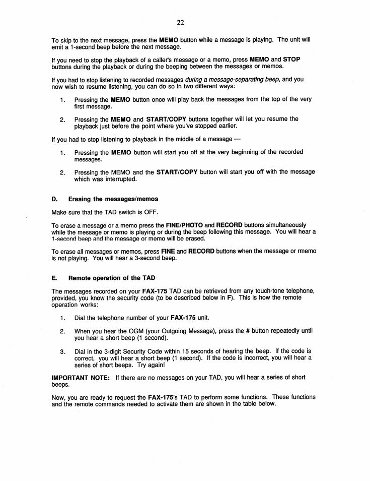 D. erasing the messages/memos, E. remote operation of the tad | Brother FAX-175 User Manual | Page 28 / 42