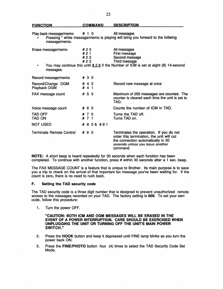 Function, Command, F. setting the tad security code | Brother FAX-175 User Manual | Page 29 / 42