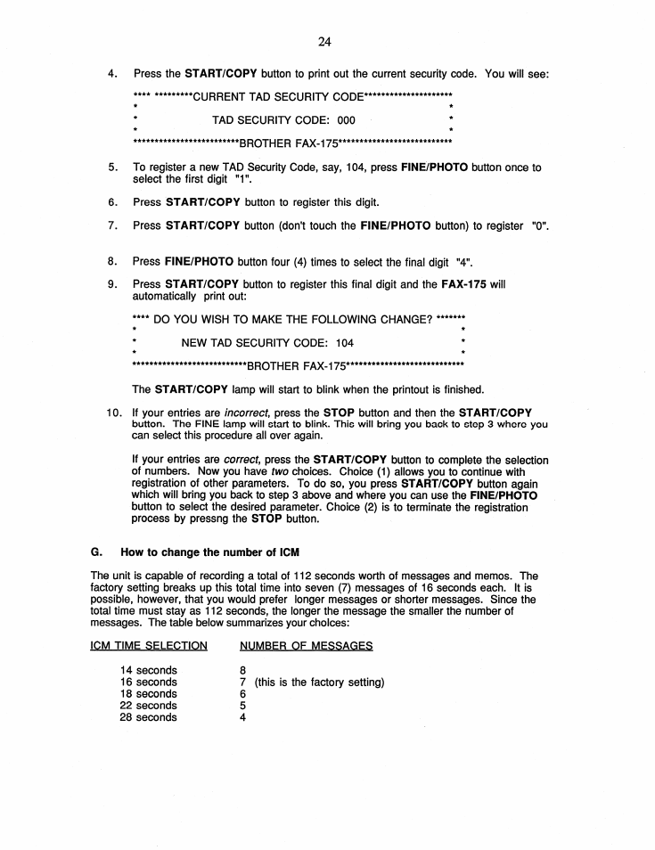 G. how to change the number of icm | Brother FAX-175 User Manual | Page 30 / 42