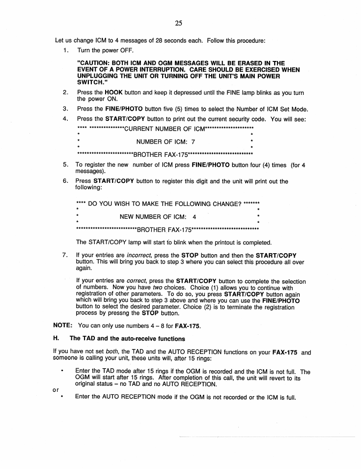 H. the tad and the auto-receive functions | Brother FAX-175 User Manual | Page 31 / 42