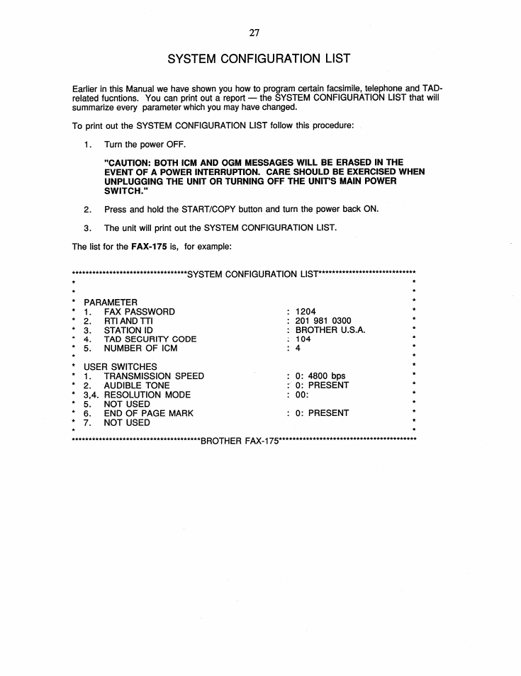 System configuration list | Brother FAX-175 User Manual | Page 33 / 42