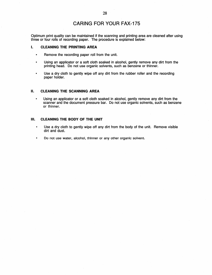 Caring for your fax-175, I. cleaning the printing area, Cleaning the scanning area | Iii. cleaning the body of the unit | Brother FAX-175 User Manual | Page 34 / 42