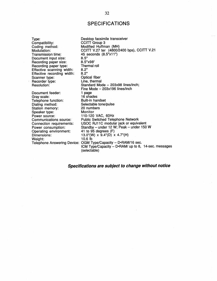 Specifications | Brother FAX-175 User Manual | Page 38 / 42