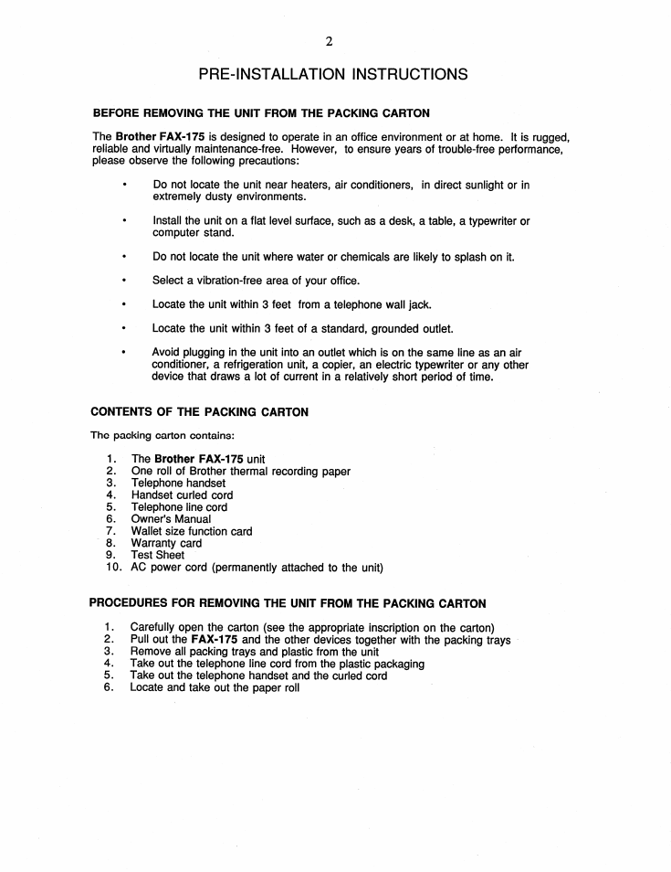 Pre-installation instructions | Brother FAX-175 User Manual | Page 8 / 42